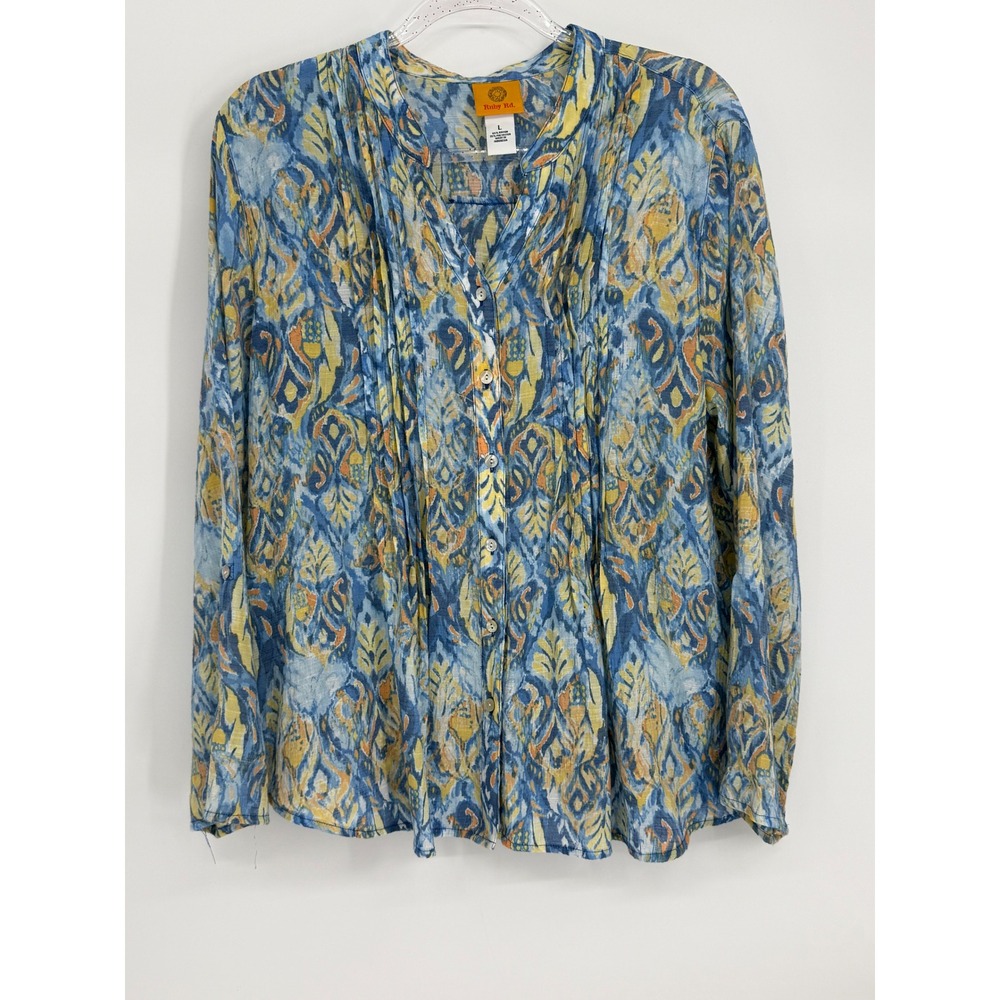 Ruby Rd Blue Yellow Ikat Paisley Pintuck Roll Tab Button Up Blouse Sz L